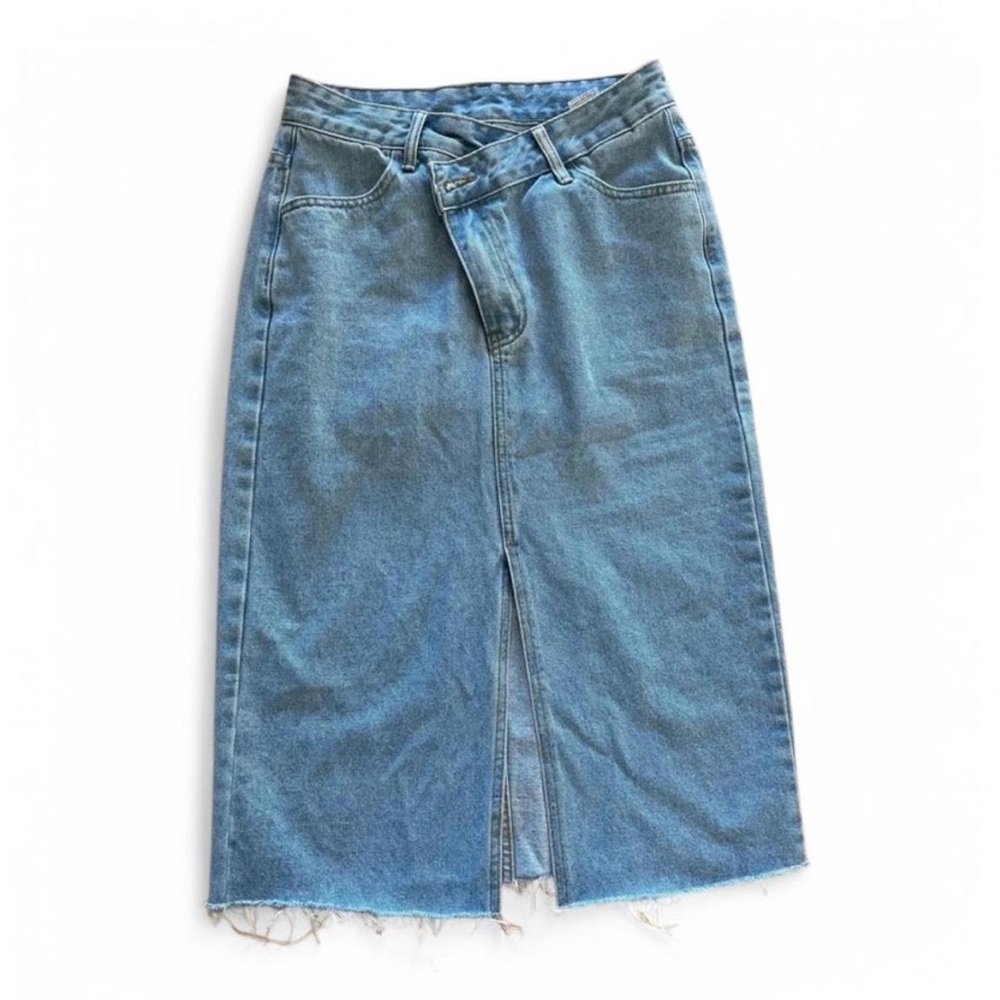 Shein Denim Midi Skirt Blue Jean Crossover Front Slit Distressed Hem Size Smal
